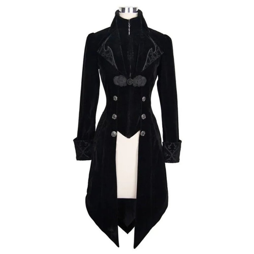 Women’s Steampunk Swallow Tail Coat Gothic Long Winter Black Velvet Coat